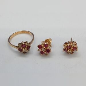 Vintage Gold Floral Ruby & Diamonds Cluster Ring and Stud Earring Set
